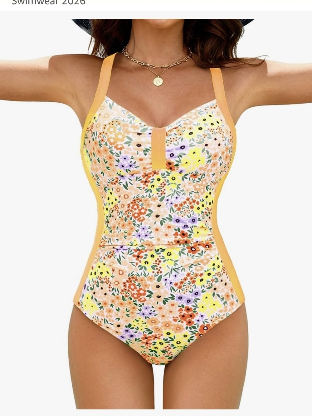 Womens Floral Yellow Tummy Control One-Piece Swimsuit